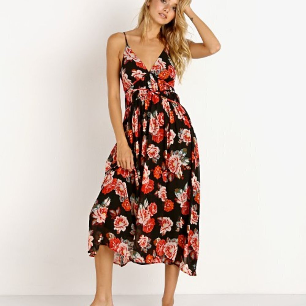 ASTR the Label Marissa midi orange pink black floral dress dress